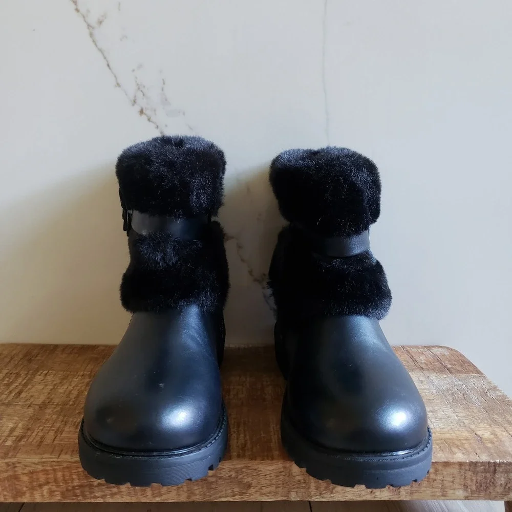 Bellaoia Boots Girls 1 Black Butterfly Faux Fur Ankle Rhinestone Lug‎ Sole